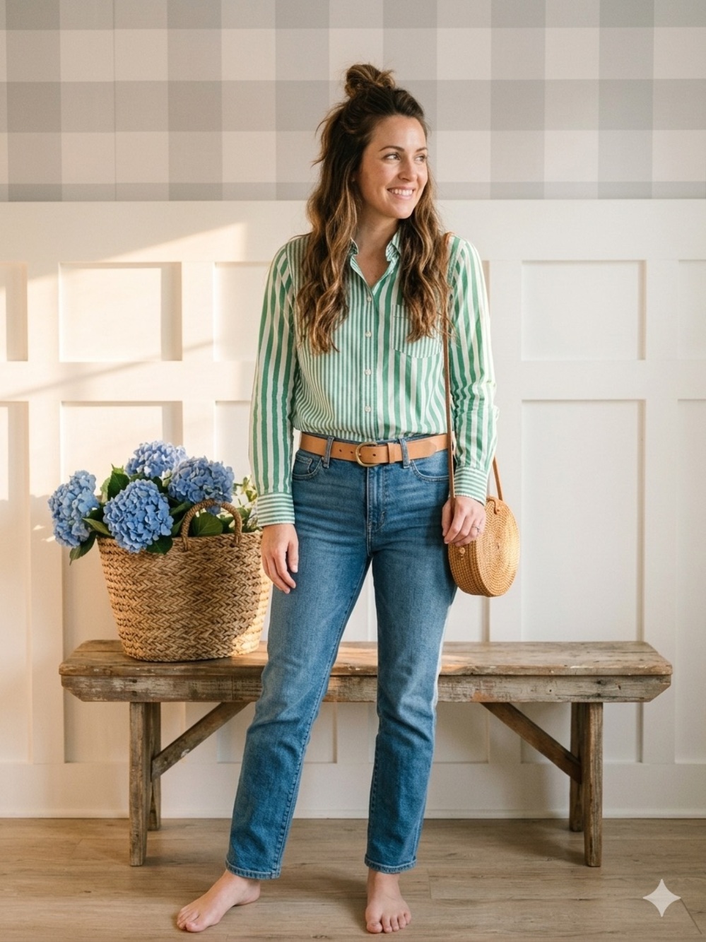 J. Crew Green and White Striped Button-Down Shirt Small